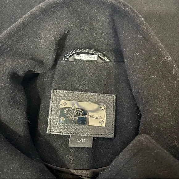 Mackage Wool Cashmere Coat Black Leather Trim Removable Collar Hood Size L - Picture 10 of 15